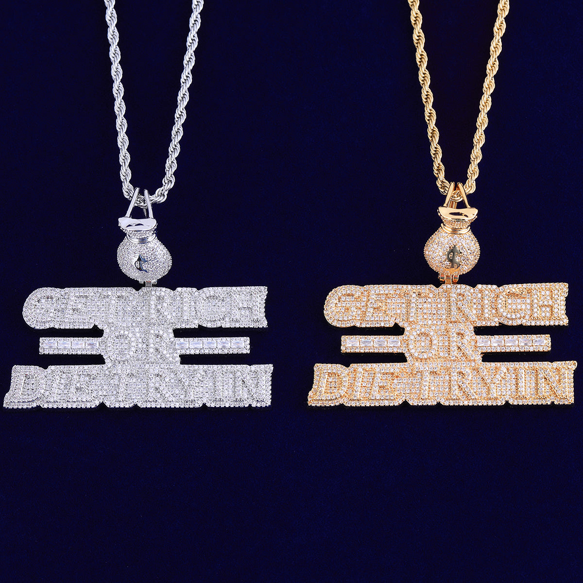 Get Rich or Die Tryin | VVS Diamond CZ Baguette Name Plate Hip Hop Pendant