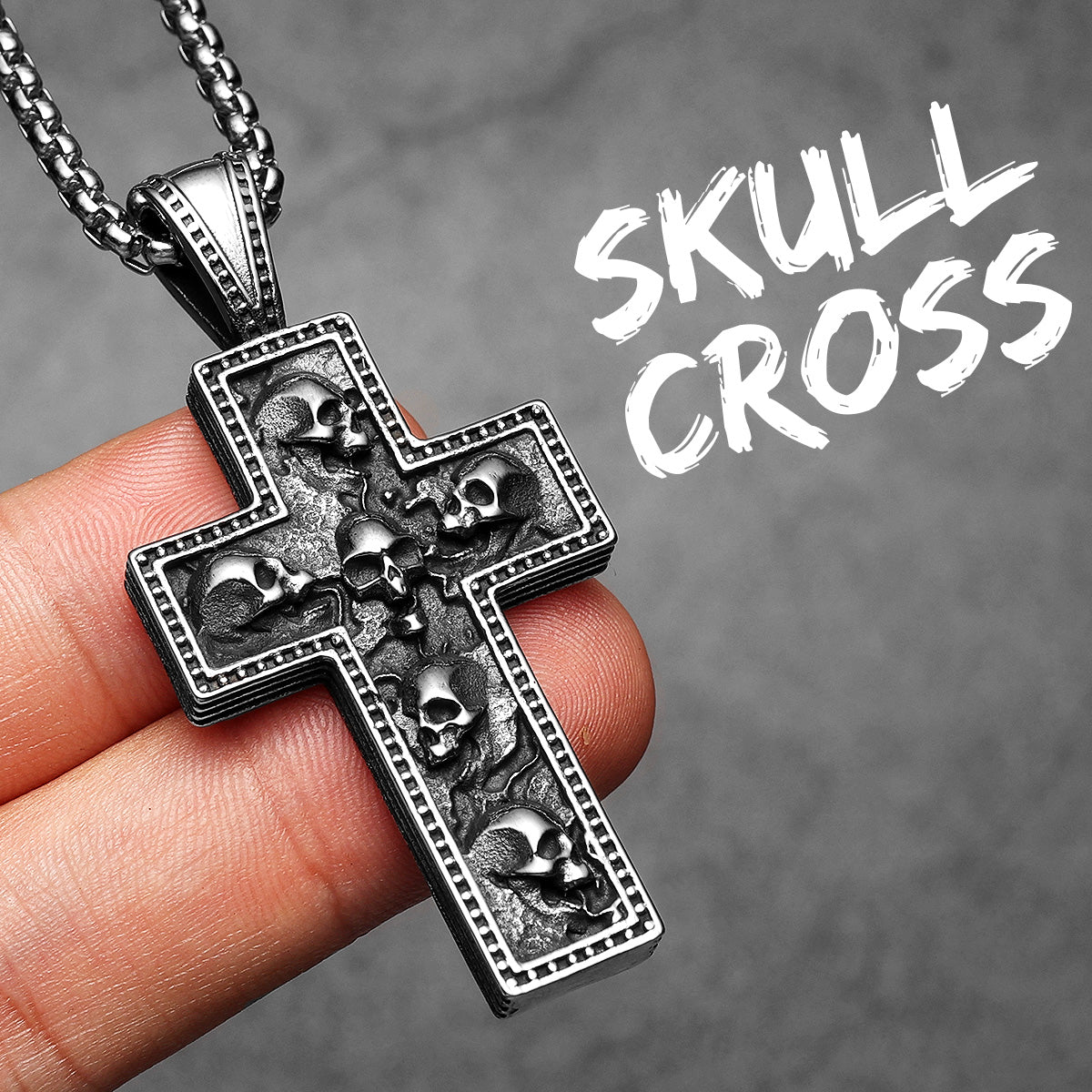Skull Textured Cross | 316L No Fade Stainless Steel Embedded Skulls Hip Hop Pendant