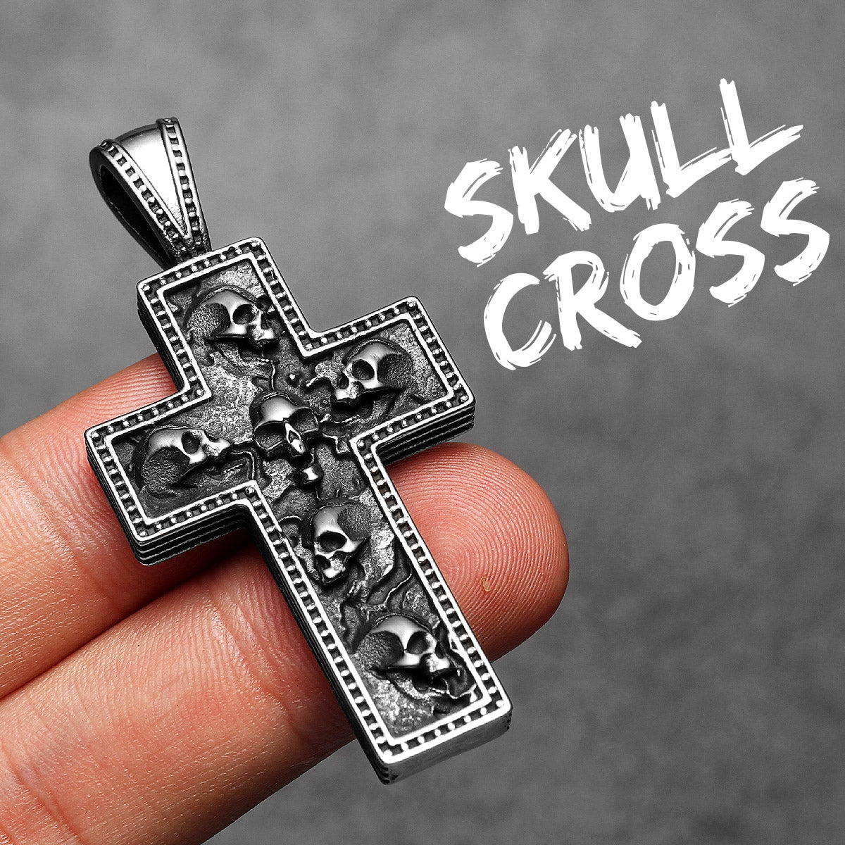 Skull Textured Cross | 316L No Fade Stainless Steel Embedded Skulls Hip Hop Pendant