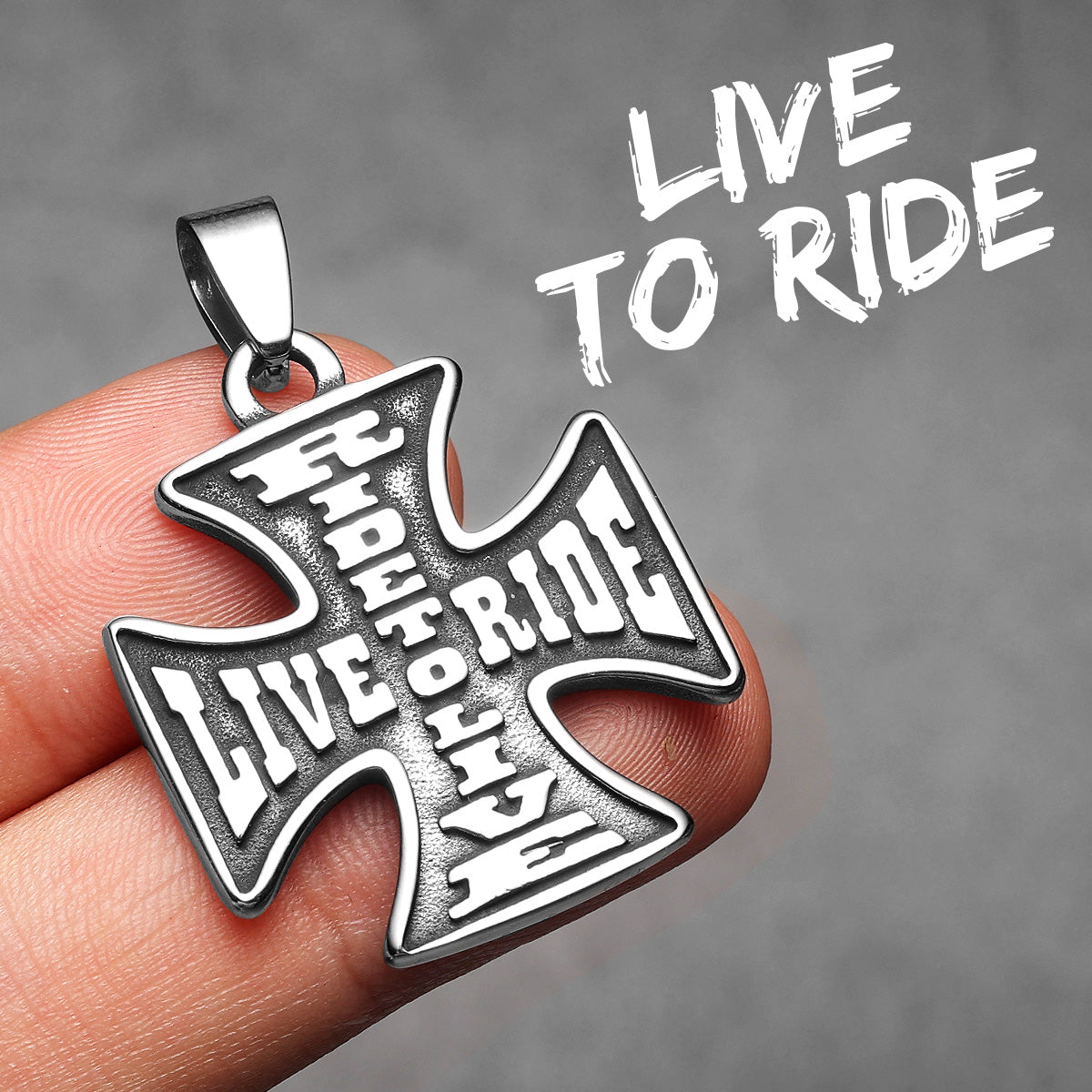 Live To Ride | 316L No Fade Stainless Steel Biker Life Cross Pendant