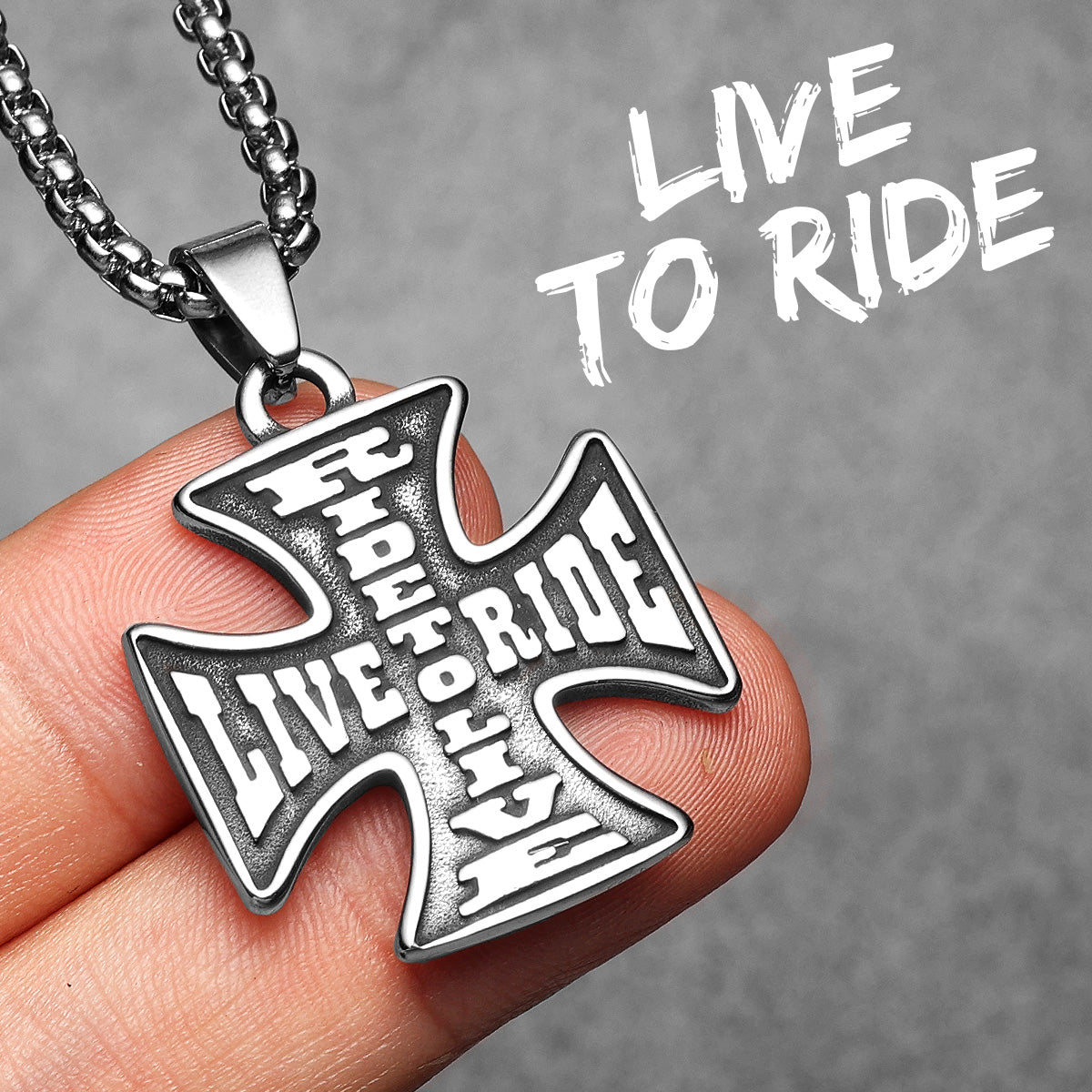 Live To Ride | 316L No Fade Stainless Steel Biker Life Cross Pendant