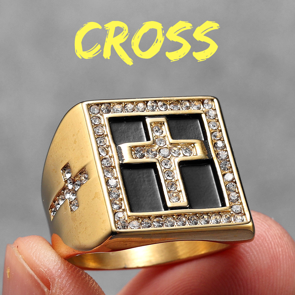 Iced Cross | 14k Gold over No Fade Stainless Steel Hip Hop Cross Blinged Out Rings