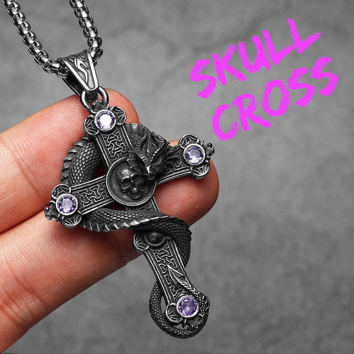 Skull Serpent Cross | 316L Shadow Skull No Fade Stainless Steel Gemstone Cross Pendant