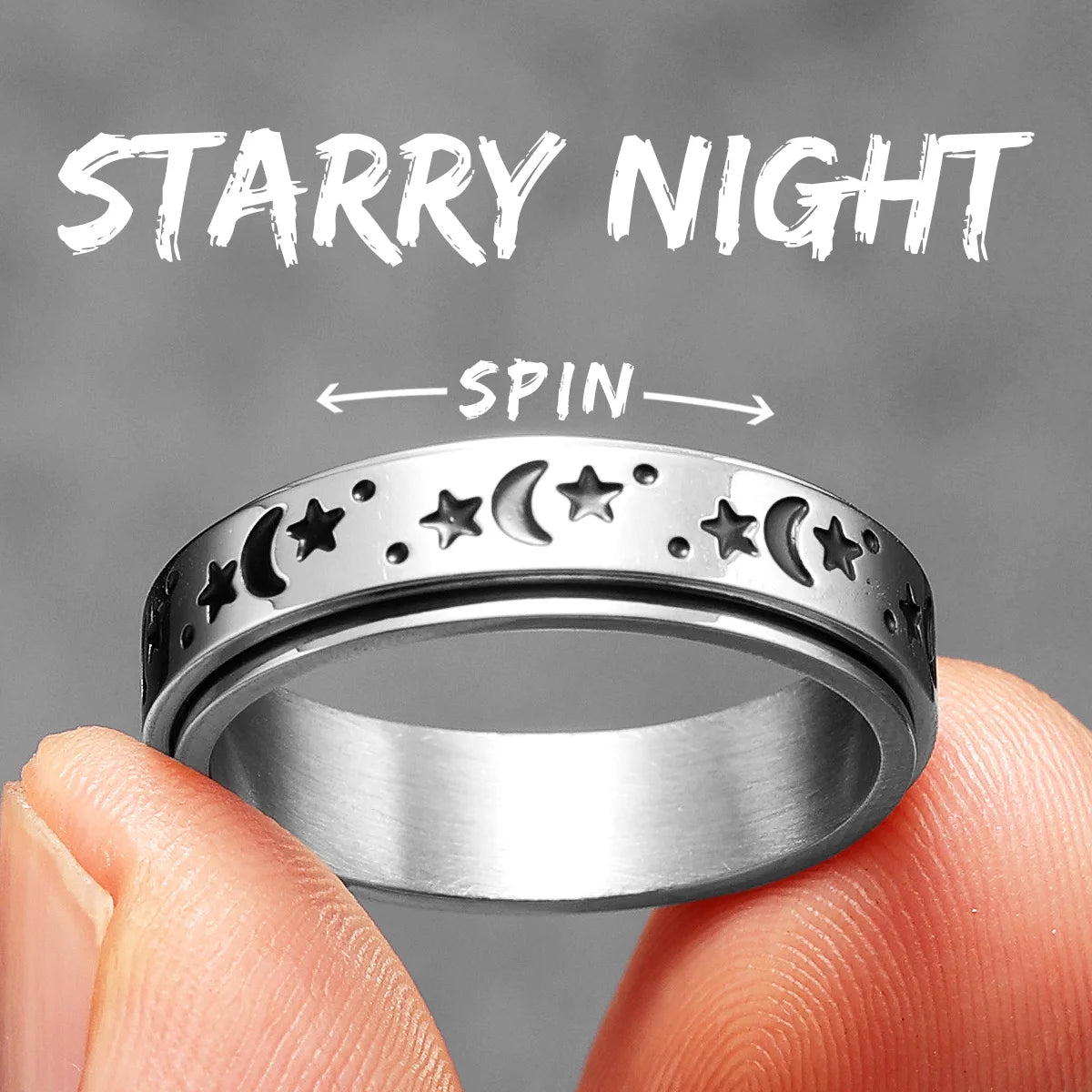 The Night Sky | 316L Stainless Steel Stars Moon Luminous Glowing Rotatable Rings