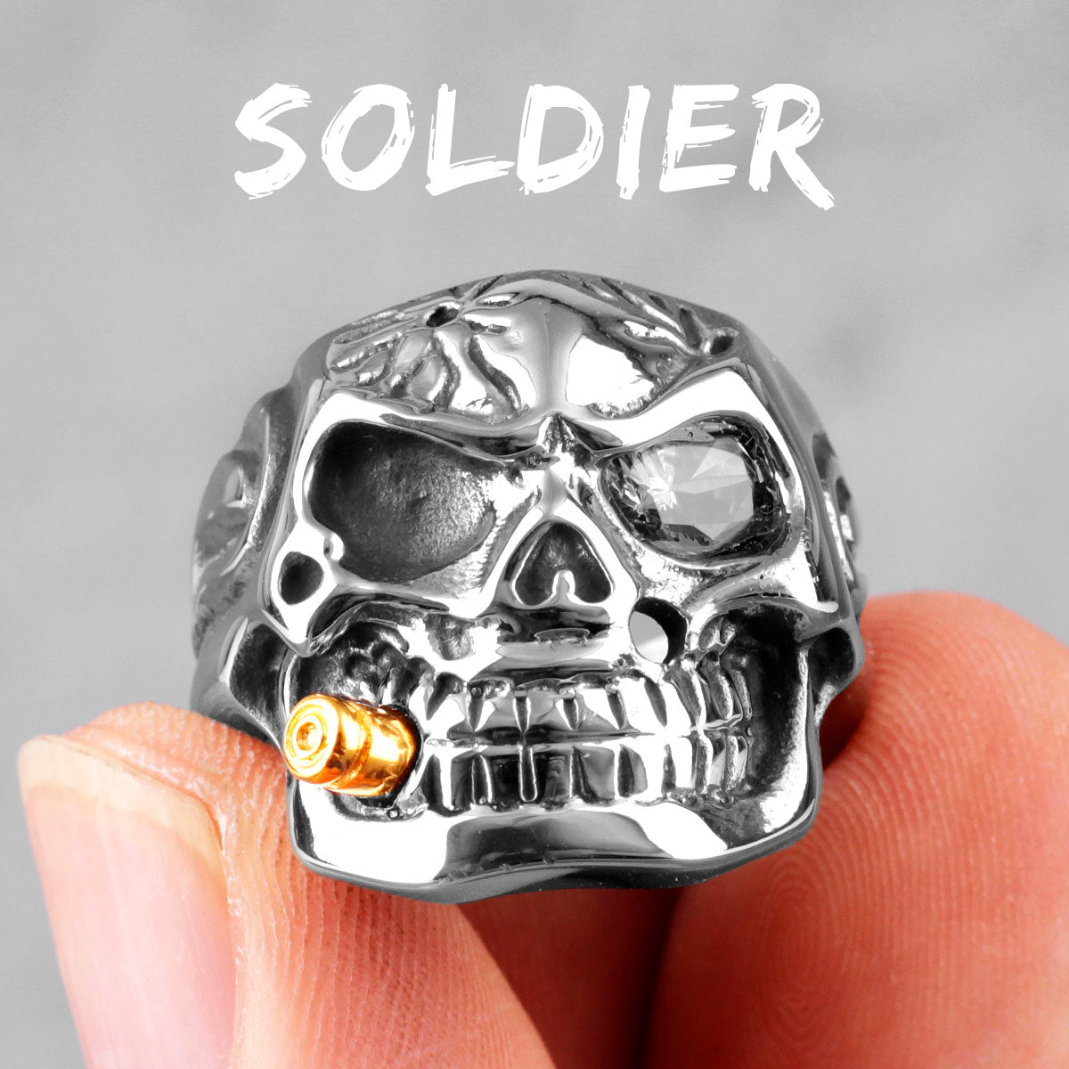 The General | 14k Gold over Stainless Steel Smoking Soldier Skull Biker Ring