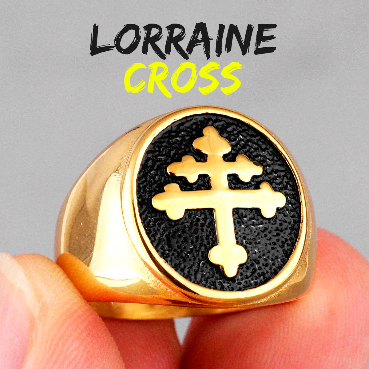 Lorraine Cross | 14k Gold Black 316L No Fade Stainless Steel Men's Cross Ring