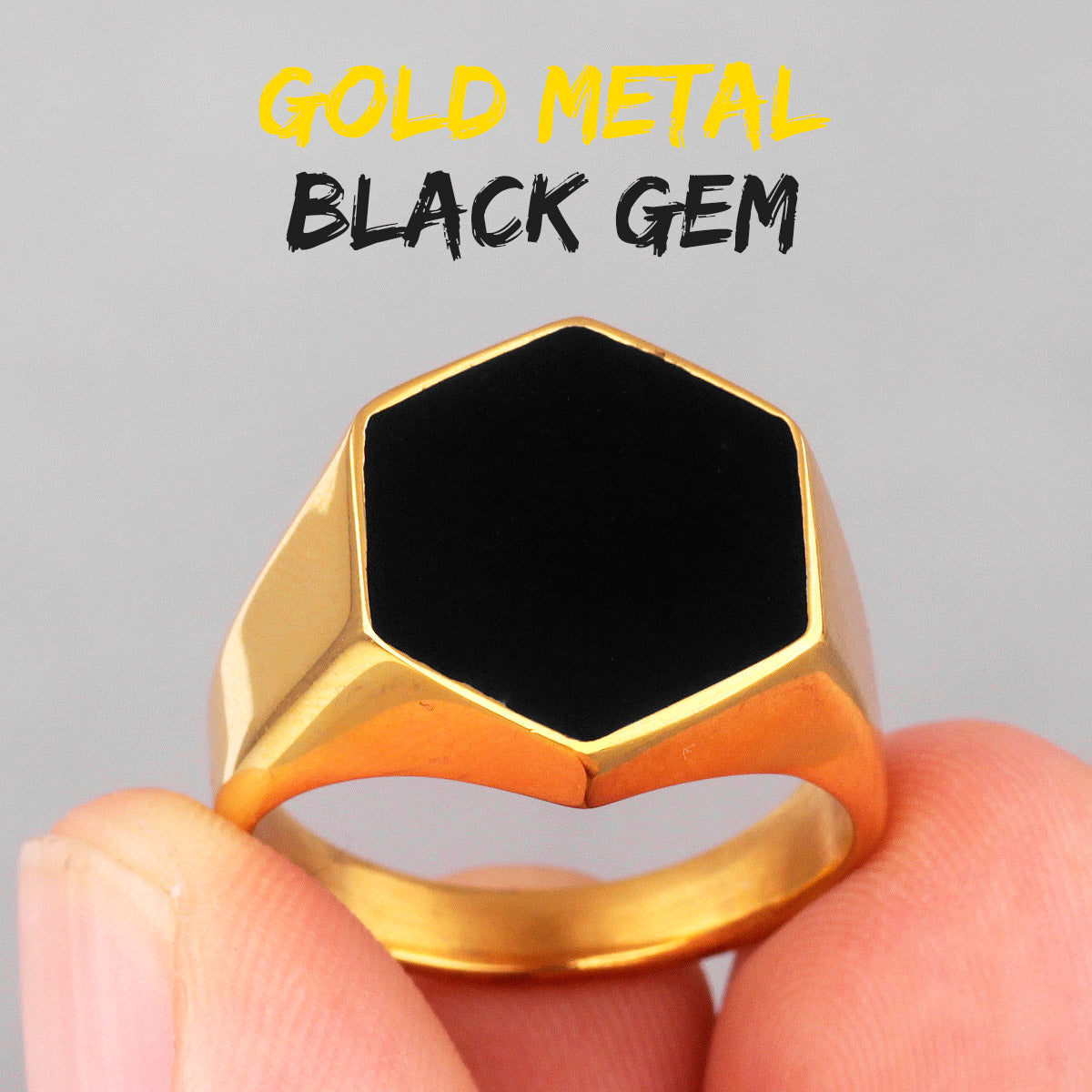 Black Gem | 14k Gold Over Stainless Steel Hexagon Gemstone Luxury Ring