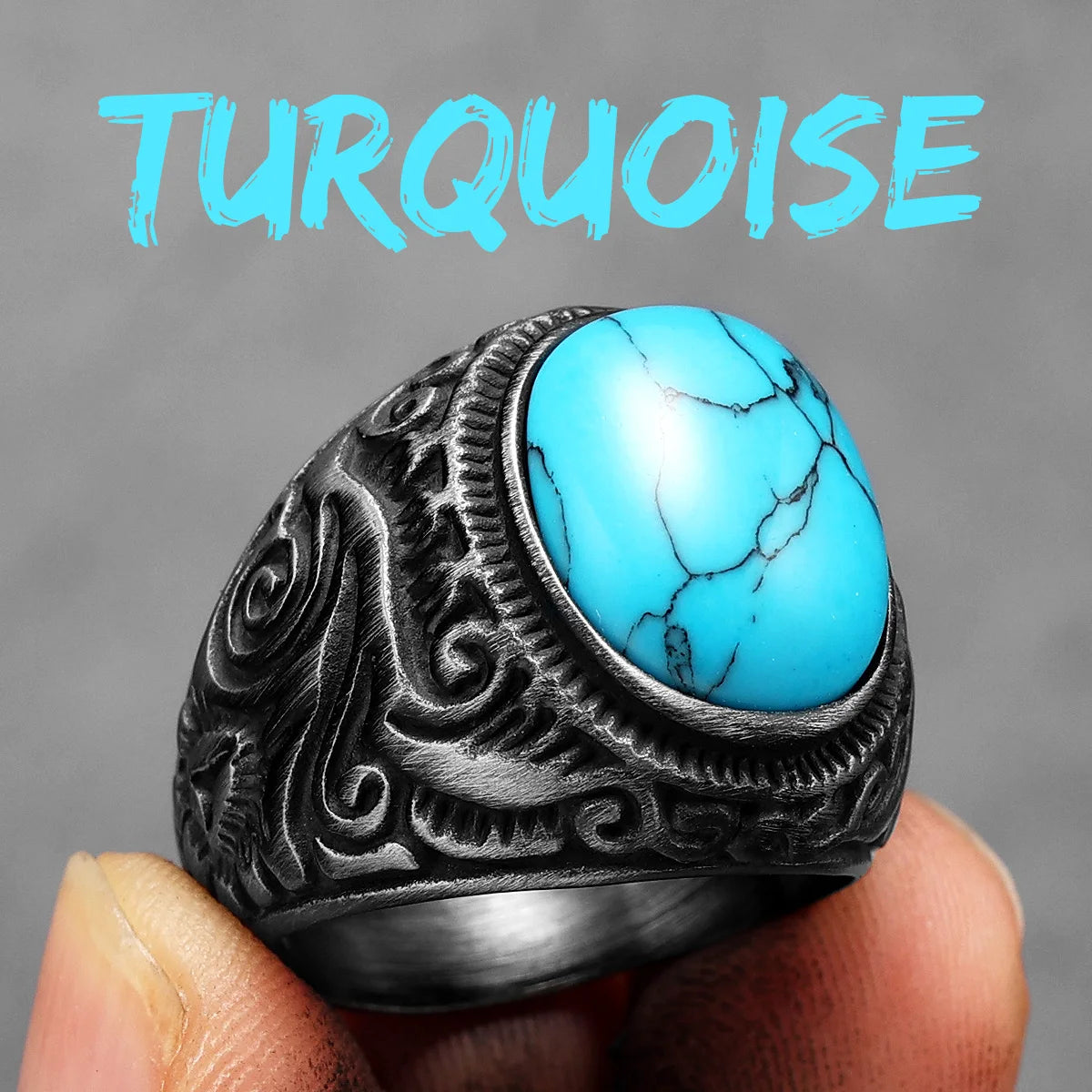 Luxury Turquoise | 316L Carved Men's Stainless Steel Street Wear Stylish Rings