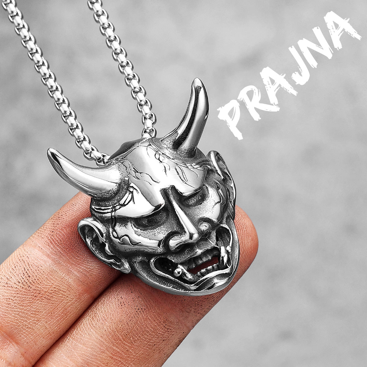 Japanese Prajna Mask | 316L No Fade Stainless Steel Expression of Evil Pendant Chain