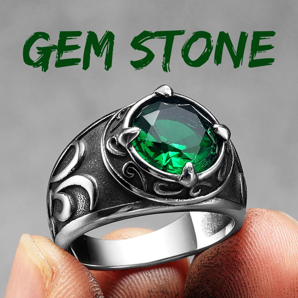 Designer Gems | Solid Stainless Steel Stone Carving Gemstone Men Rings