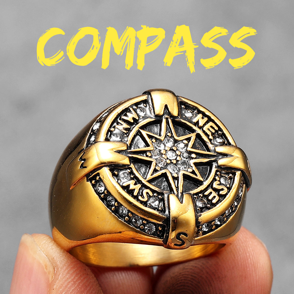 Luxury Compass | 14k Gold Over No Fade Stainless Steel CZ Men's Navigator Rings