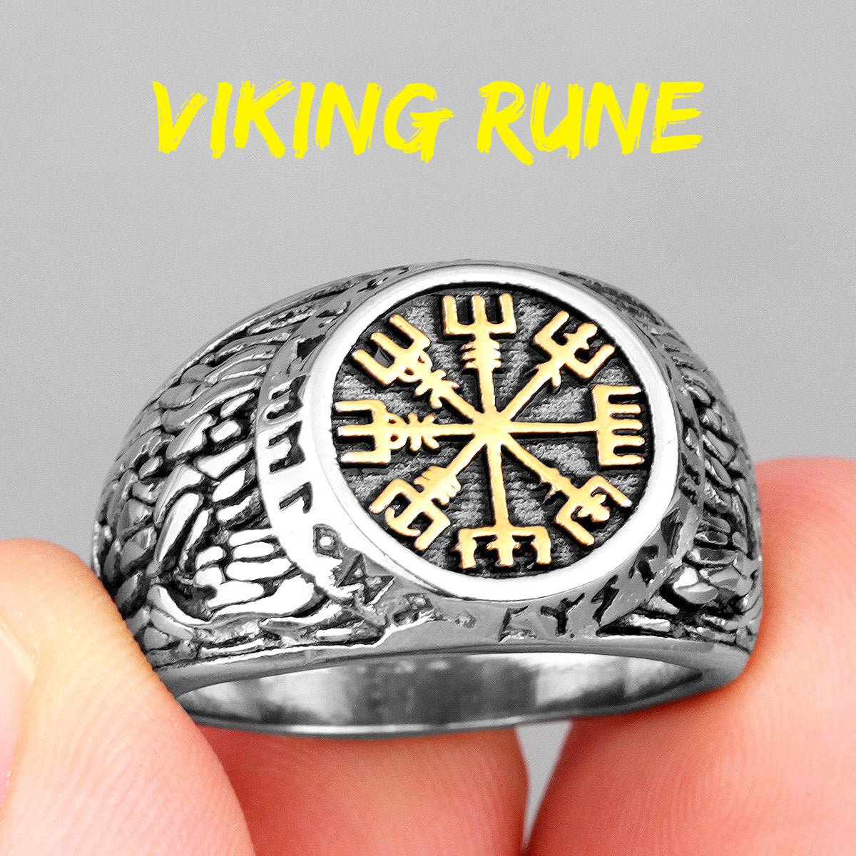 Viking Symbol | Ancient Rune Alphabet Odin Mythology Stainless Steel Mens Rings