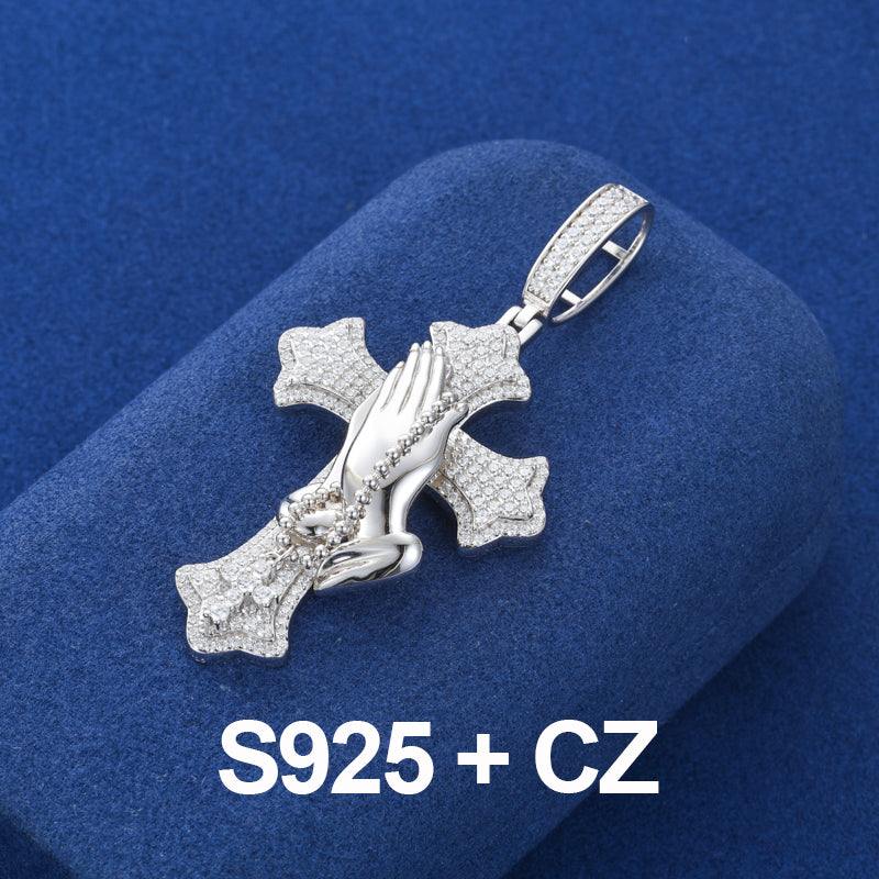 The Power Of Prayer | Solid 925 Silver Prayer Hands Cross Moissanite Diamond Hip Hop Pendant