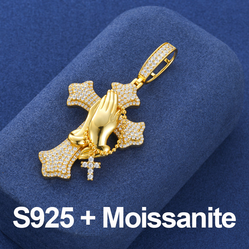 The Power Of Prayer | Solid 925 Silver Prayer Hands Cross Moissanite Diamond Hip Hop Pendant