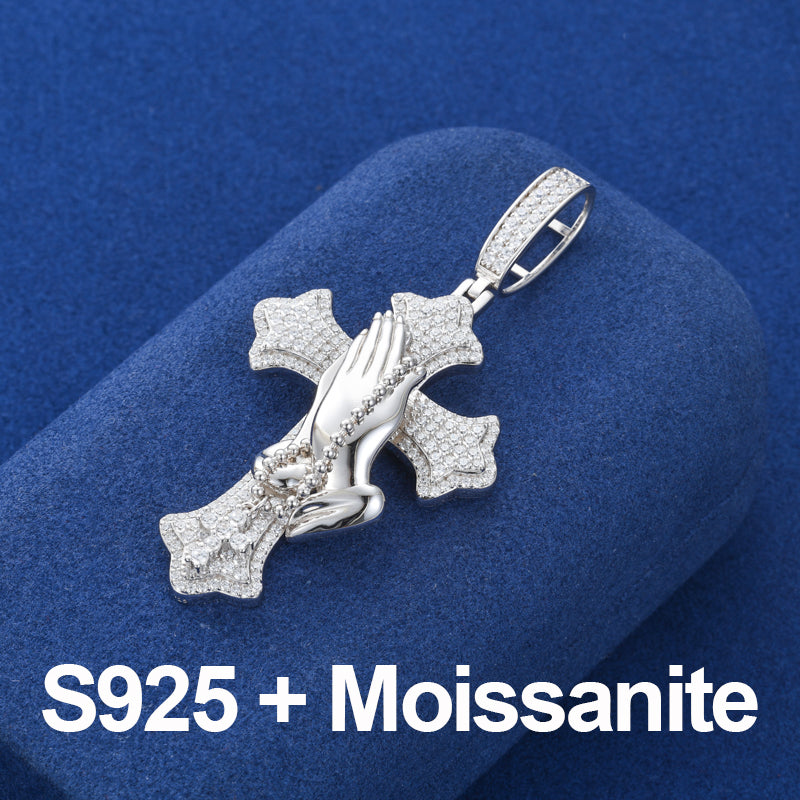 The Power Of Prayer | Solid 925 Silver Prayer Hands Cross Moissanite Diamond Hip Hop Pendant