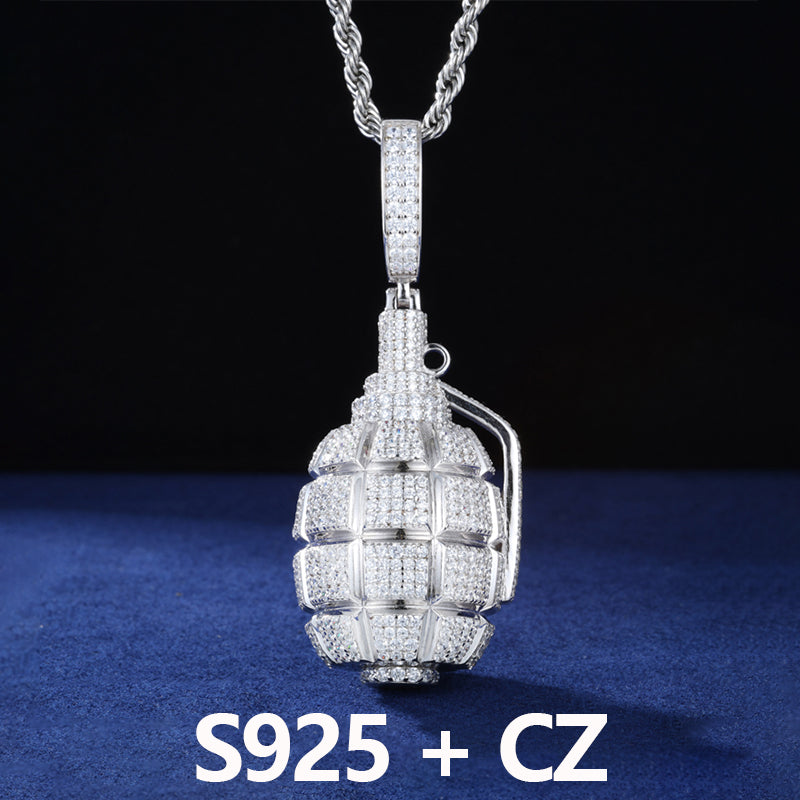 Fire In The Hole | Solid 925 Silver Iced Blinged Out Moissanite Retro Grenade Hip Hop Pendant