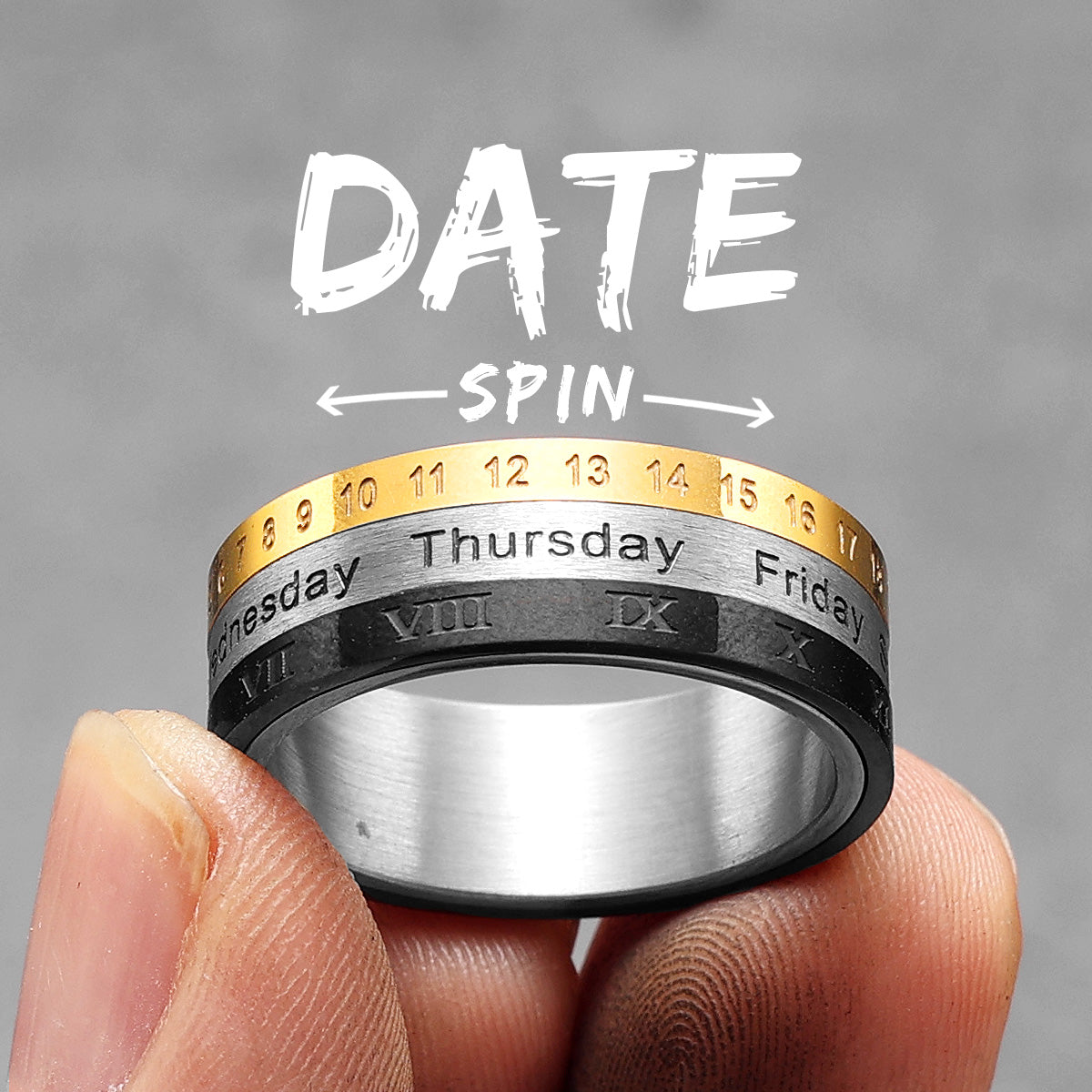 Calendar | Month Date Year 14k Gold Black Over Solid Stainless Steel Rotating Men's Rings