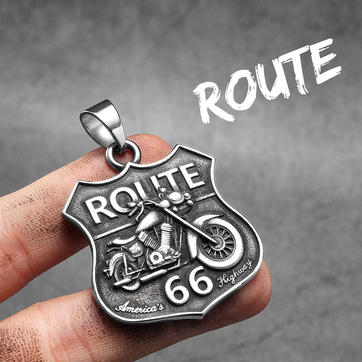 Route 66 | 316L Solid Stainless Steel Motorcycle Rider Americas Highway Street Style Pendant