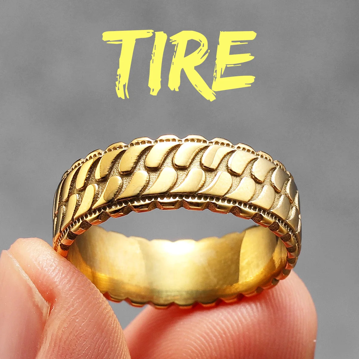 Tires | Men's 14k Gold Over Solid No Fade Stainless Steel Tire Tread Hip Hop Unique Rings