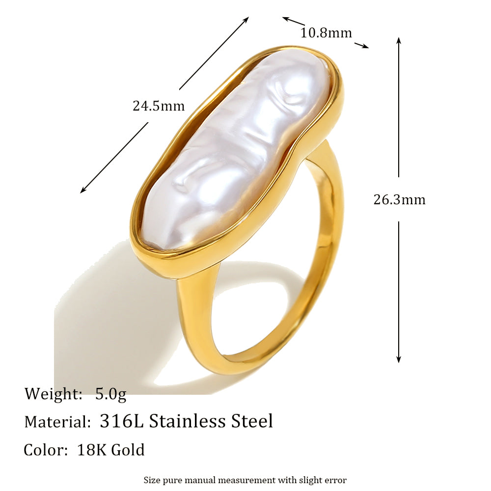 18k Gold Over No Fade Solid Stainless Steel Long Strip Freshwater Pearl Rings