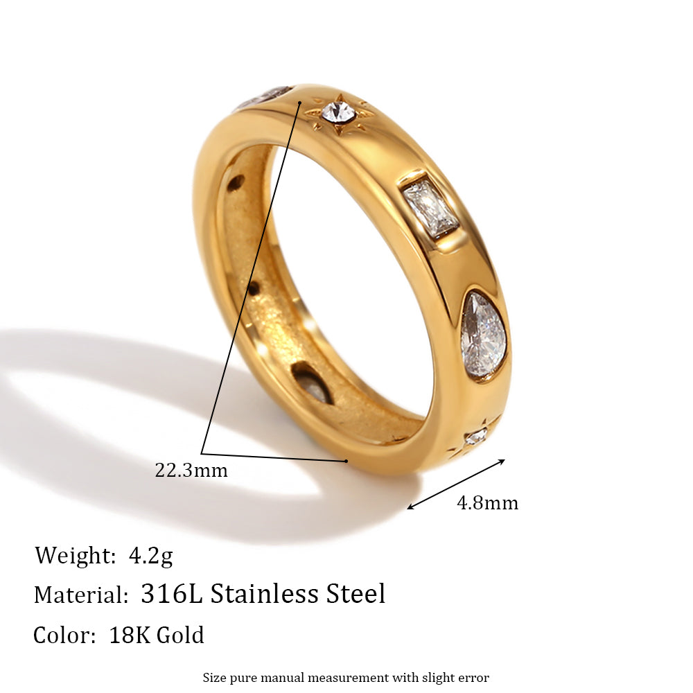 18k Gold Stainless Steel Tear Drop Rectangular Cubic Zircon Bubble Round Rings