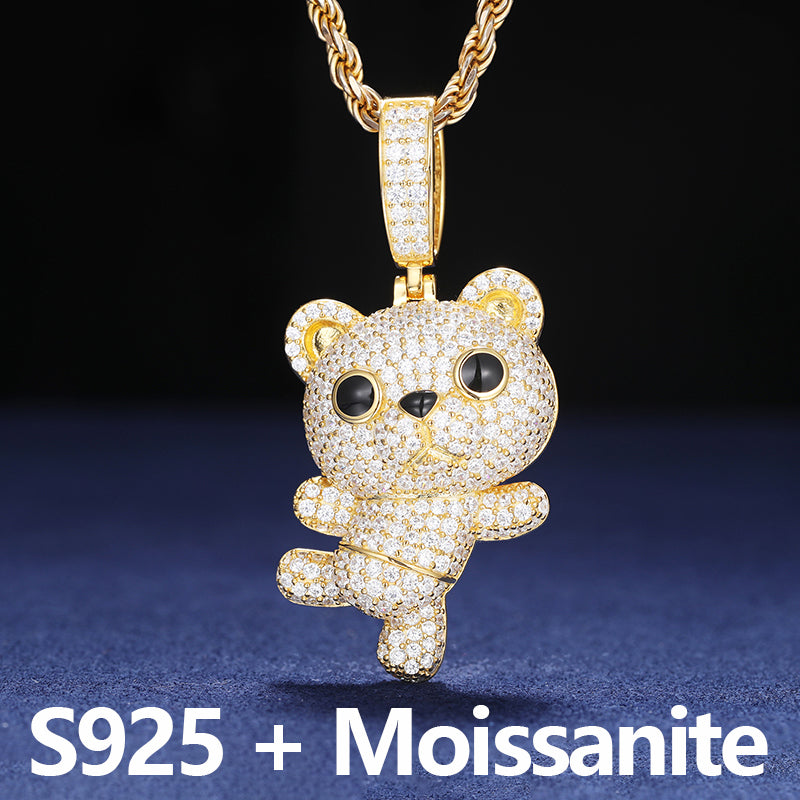 Cuddle Bear | Solid Sterling Silver Moissanite Diamond Iced Teddy Bear Pendant Necklace