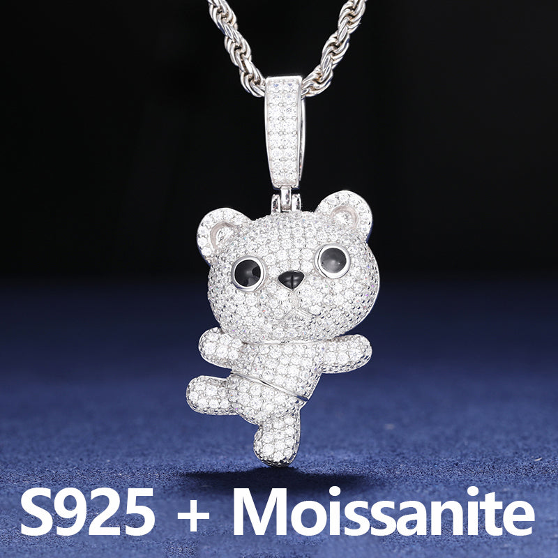 Cuddle Bear | Solid Sterling Silver Moissanite Diamond Iced Teddy Bear Pendant Necklace