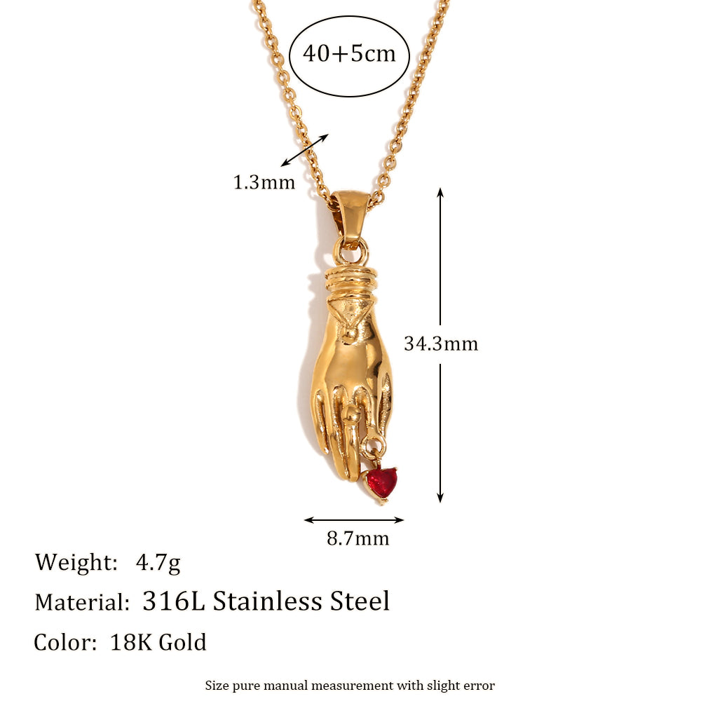 Ladies 18k Gold Stainless Steel Hand Red CZ Stone Heart Waterproof Tarnish Free Pendant Necklace