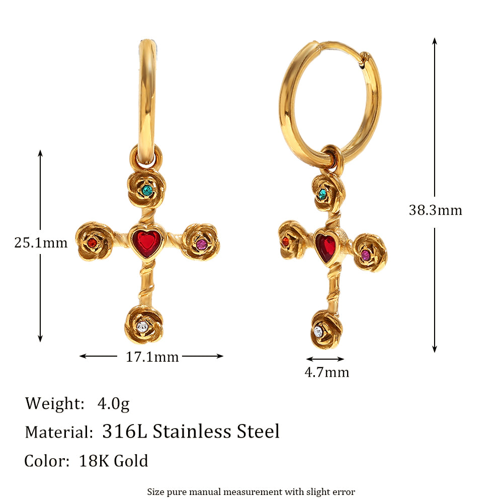 18k Gold Waterproof Stainless Steel Colorful CZ Rose Flower Cross Necklace Earring Ring Set