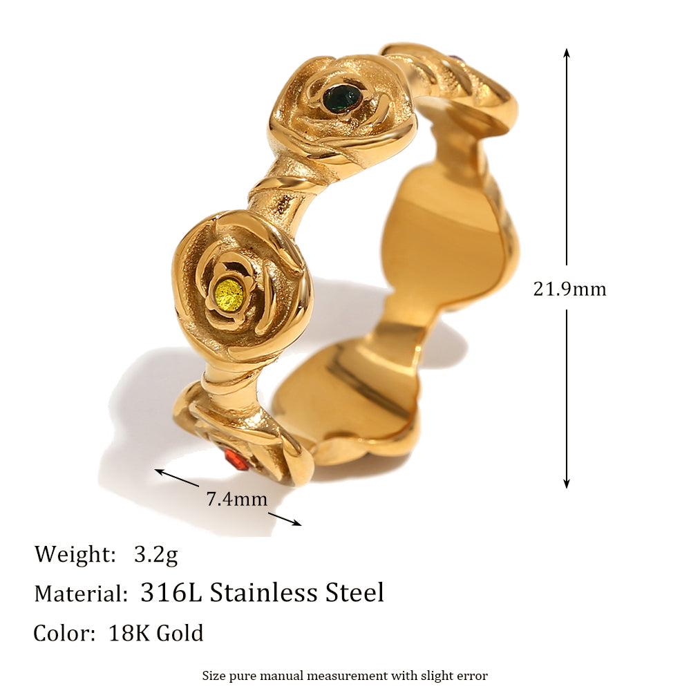 18k Gold Waterproof Stainless Steel Colorful CZ Rose Flower Cross Necklace Earring Ring Set