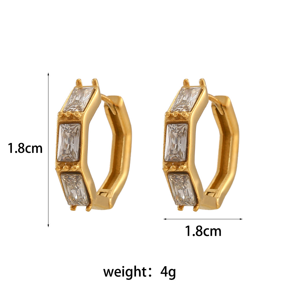 Bamboo CZ 18k Gold Waterproof Stainless Steel Stone Green Huggie Hoop Earrings