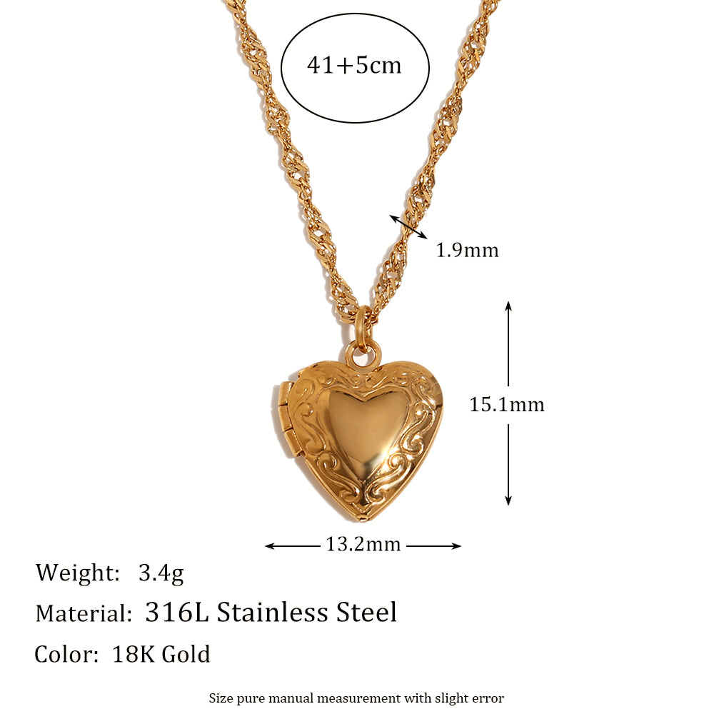 Ladies 18k Gold Waterproof Stainless Steel Flower Pattern Hollow Heart Photo Box Necklace