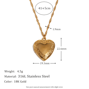 Ladies 18k Gold Waterproof Stainless Steel Flower Pattern Hollow Heart Photo Box Necklace