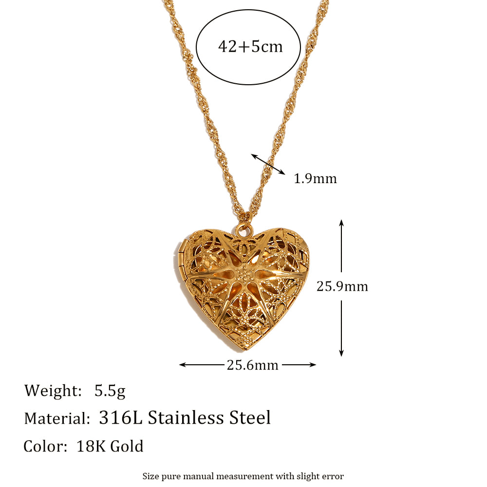 Ladies 18k Gold Waterproof Stainless Steel Flower Pattern Hollow Heart Photo Box Necklace