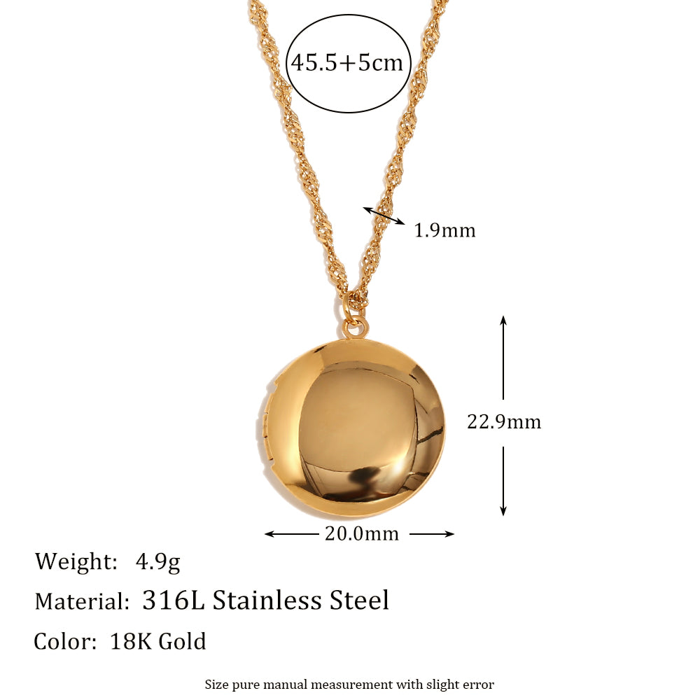 Ladies 18k Gold Waterproof Stainless Steel Flower Pattern Hollow Heart Photo Box Necklace