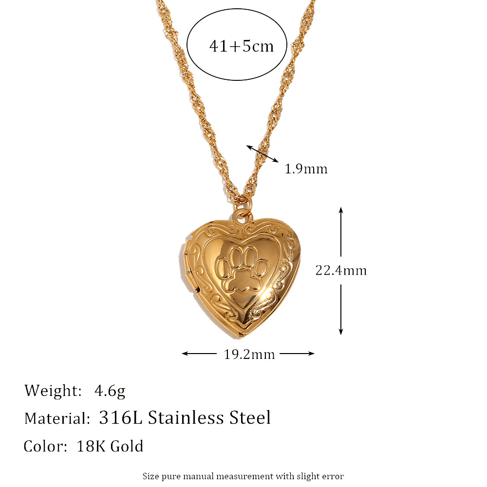 Ladies 18k Gold Waterproof Stainless Steel Flower Pattern Hollow Heart Photo Box Necklace