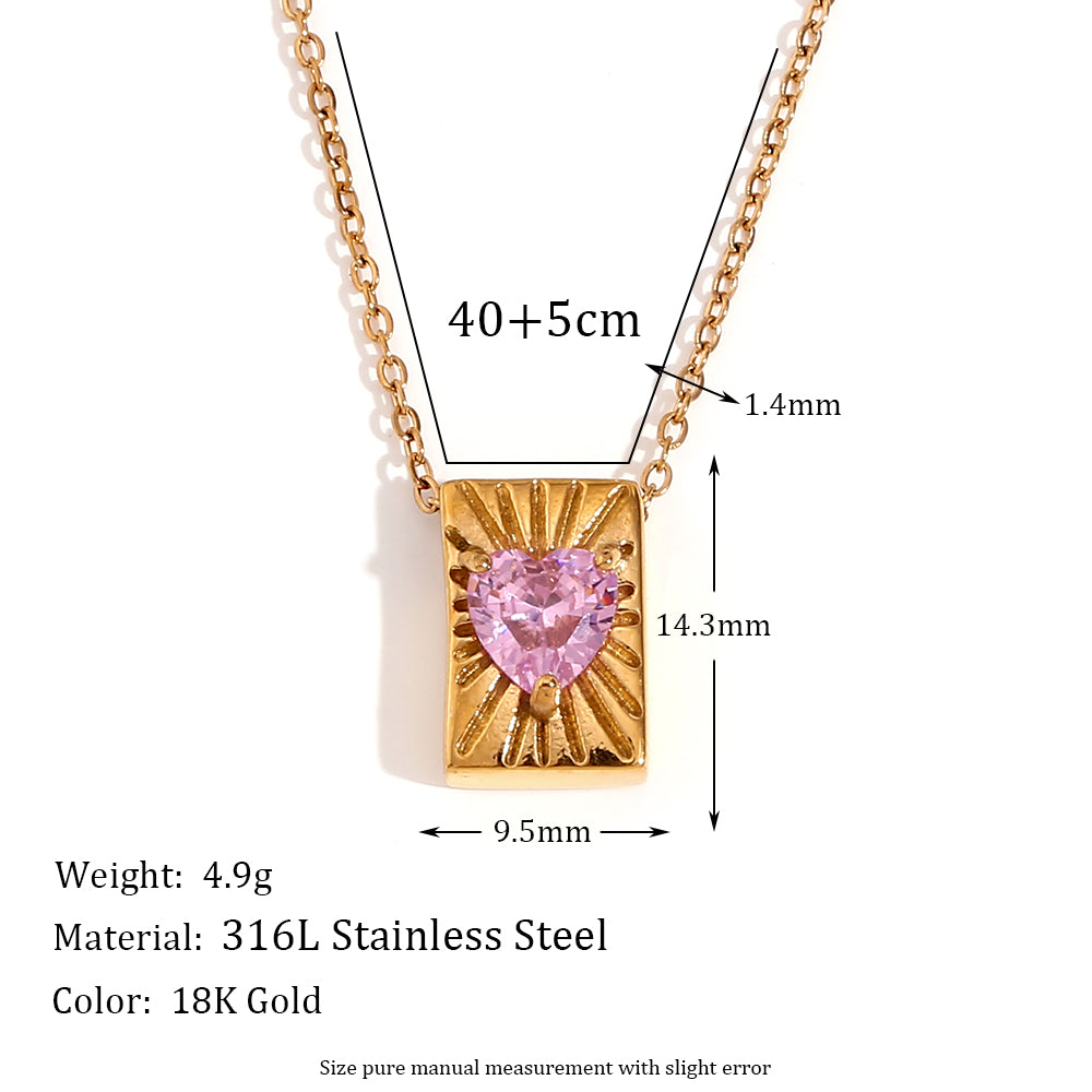 Ladies 18k Gold Waterproof Heart CZ Radiant Rectangular Card Pendant Necklace