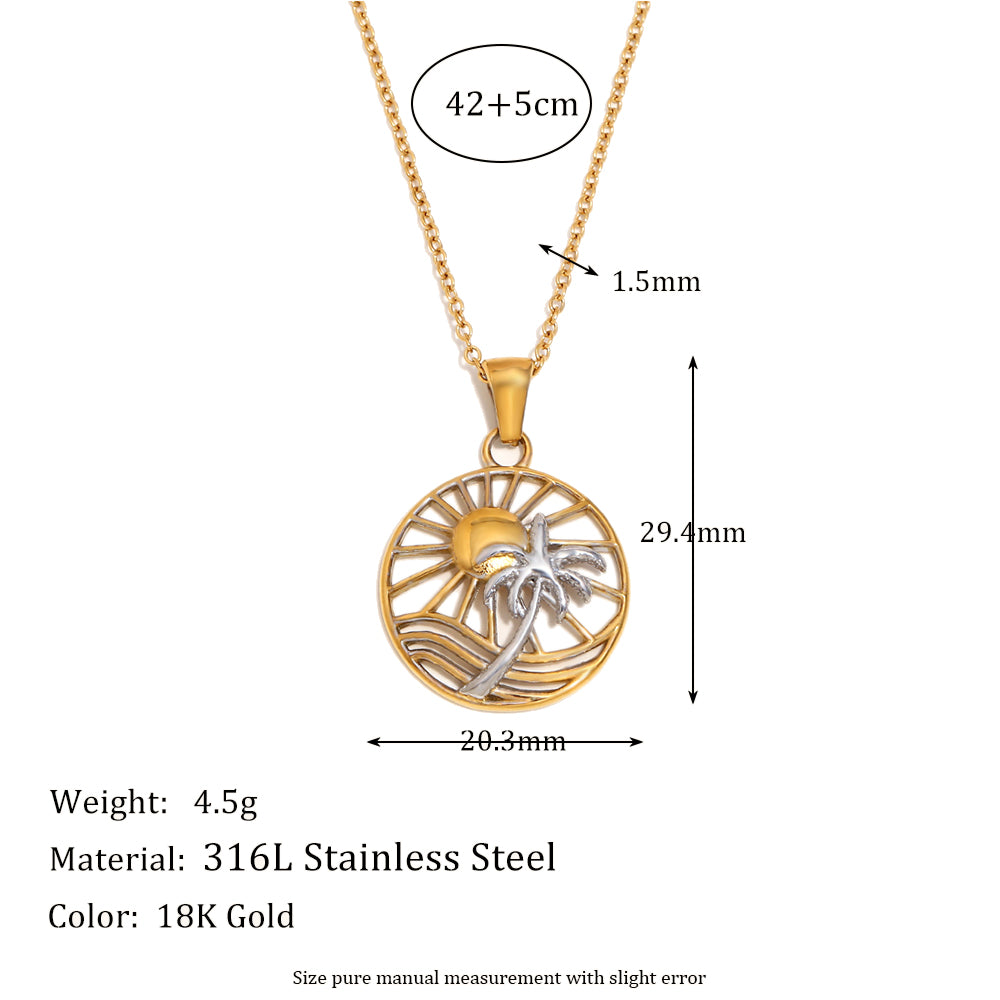 Ladies 18k Gold Waterproof Solid Stainless Steel Sun Coconut Palm Tree Pendant Necklace