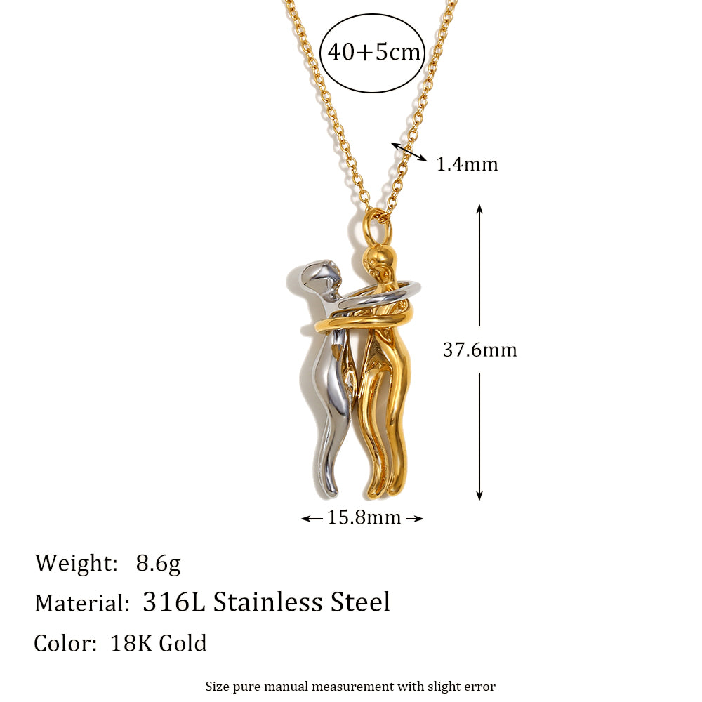 18k Gold Stainless Steel Waterproof Lovers Hugging Couple Silver Pendants Necklace