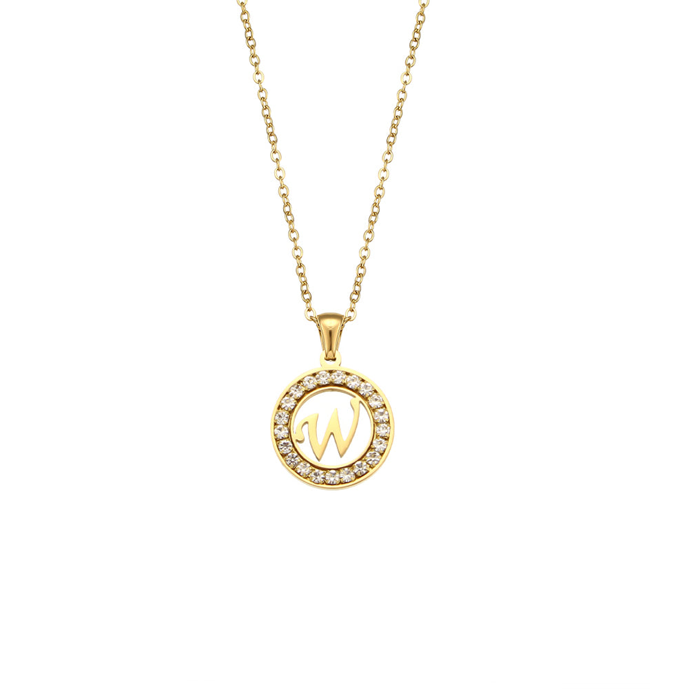 18k Gold Waterproof Hollow Round CZ Paved 26 Alphabet Initial Necklace