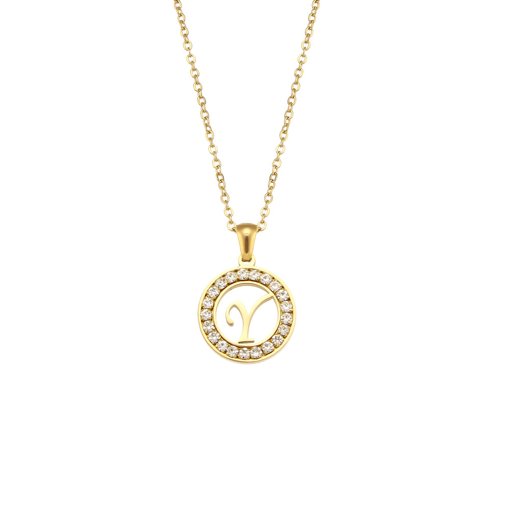 18k Gold Waterproof Hollow Round CZ Paved 26 Alphabet Initial Necklace