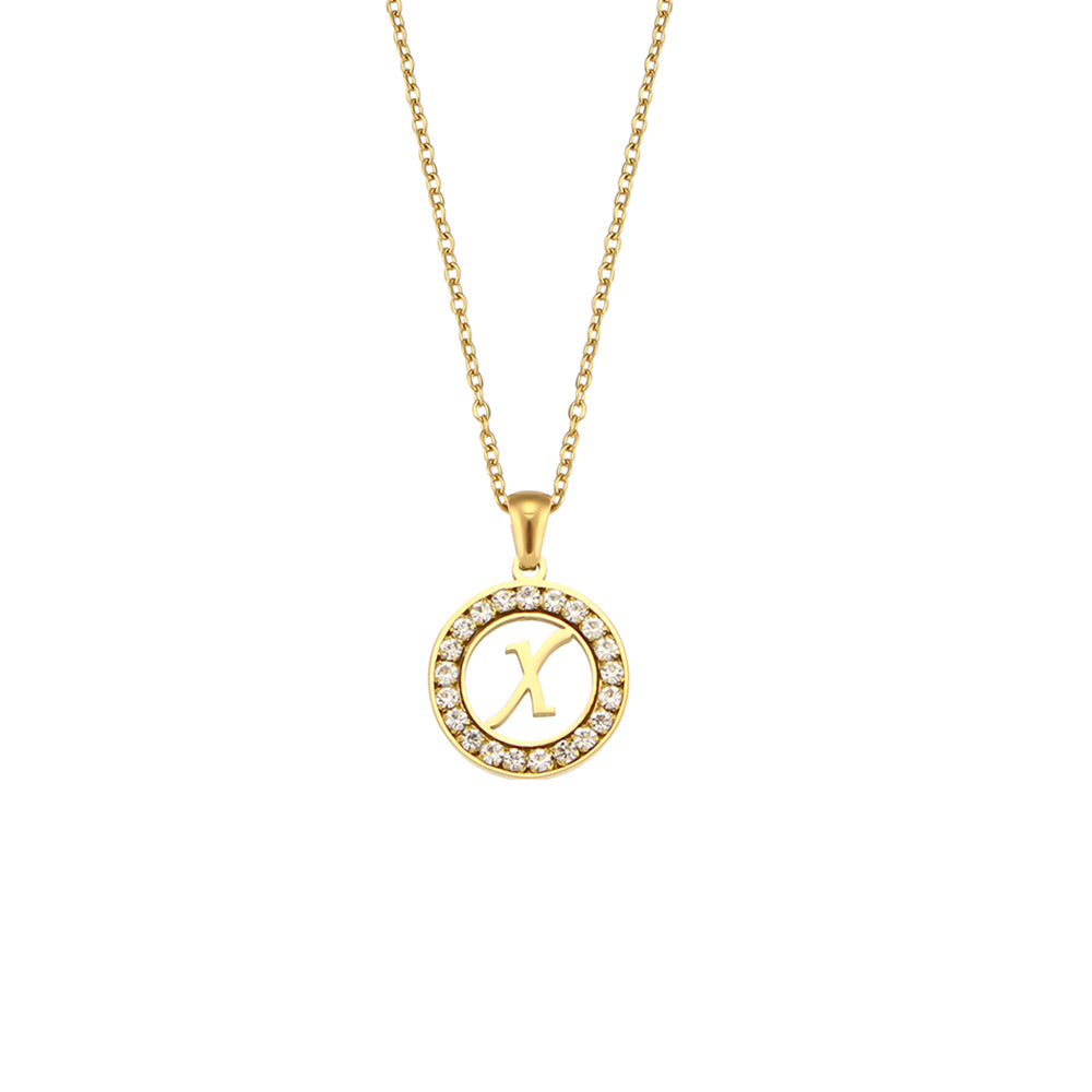 18k Gold Waterproof Hollow Round CZ Paved 26 Alphabet Initial Necklace