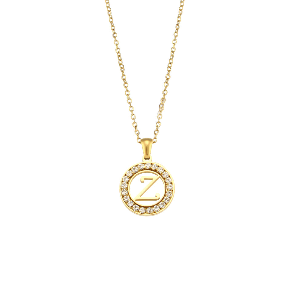 18k Gold Waterproof Hollow Round CZ Paved 26 Alphabet Initial Necklace