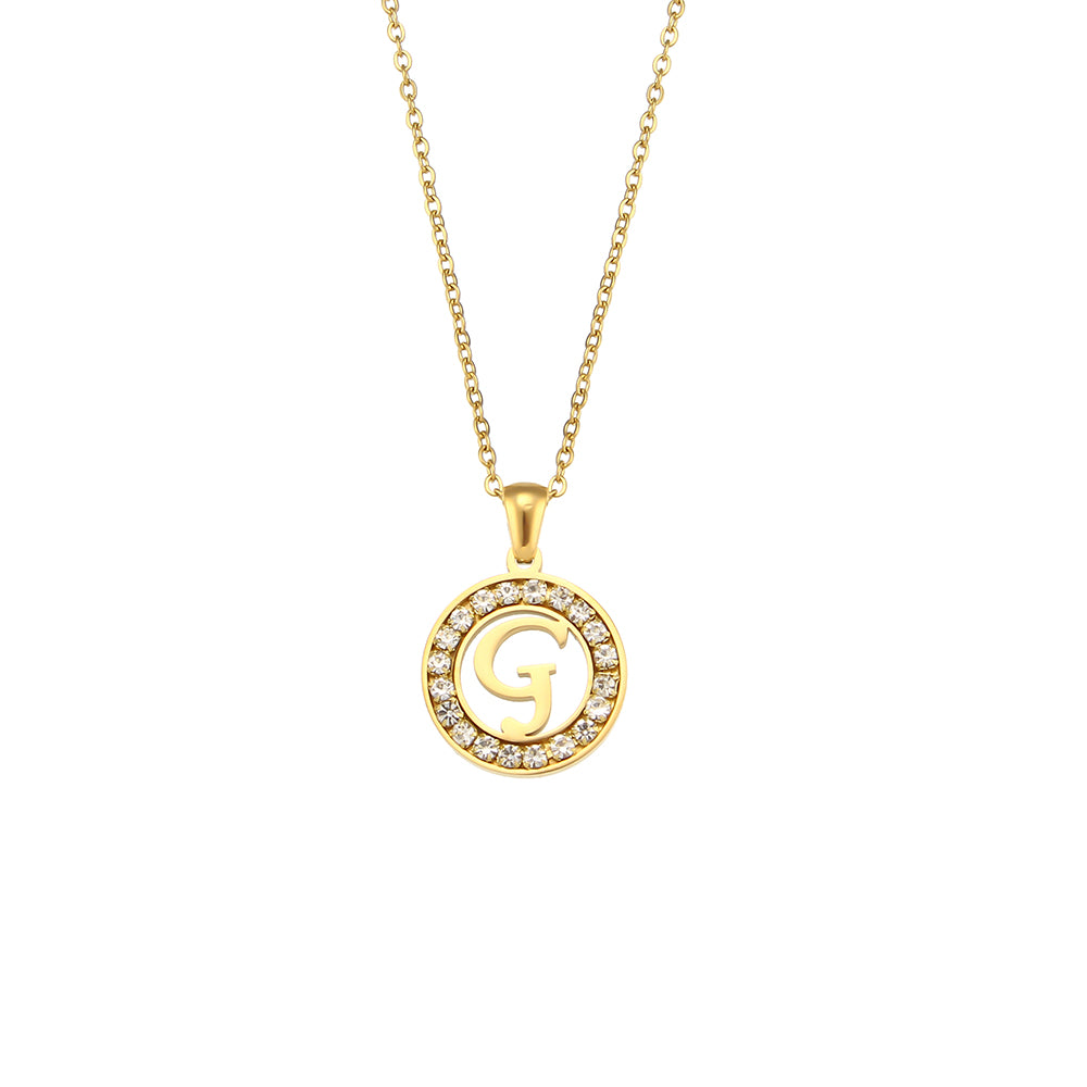 18k Gold Waterproof Hollow Round CZ Paved 26 Alphabet Initial Necklace