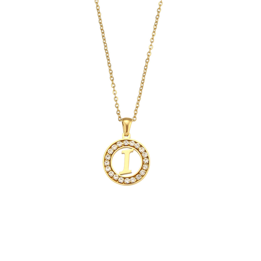 18k Gold Waterproof Hollow Round CZ Paved 26 Alphabet Initial Necklace