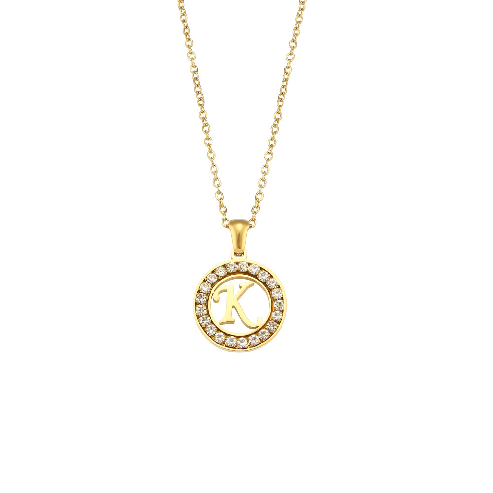 18k Gold Waterproof Hollow Round CZ Paved 26 Alphabet Initial Necklace