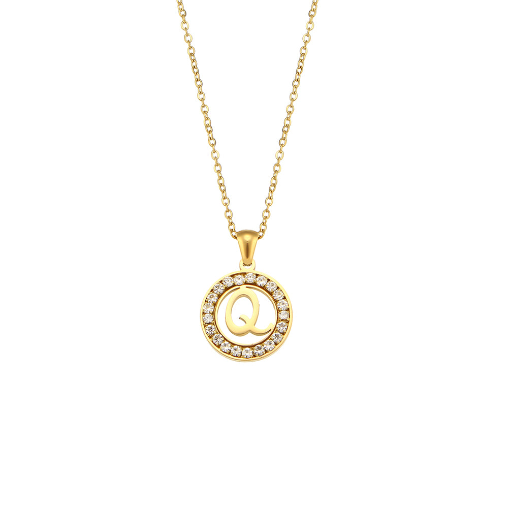 18k Gold Waterproof Hollow Round CZ Paved 26 Alphabet Initial Necklace