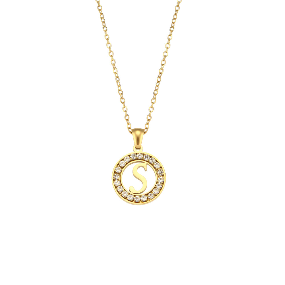 18k Gold Waterproof Hollow Round CZ Paved 26 Alphabet Initial Necklace