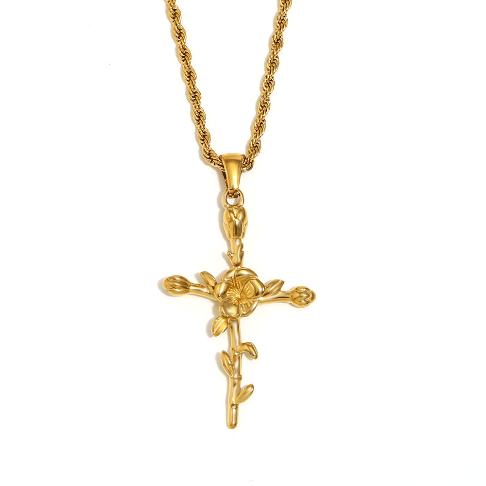 Women's 18k Gold Waterproof Designer Birth Month Flower Cross Tarnish Free Necklace