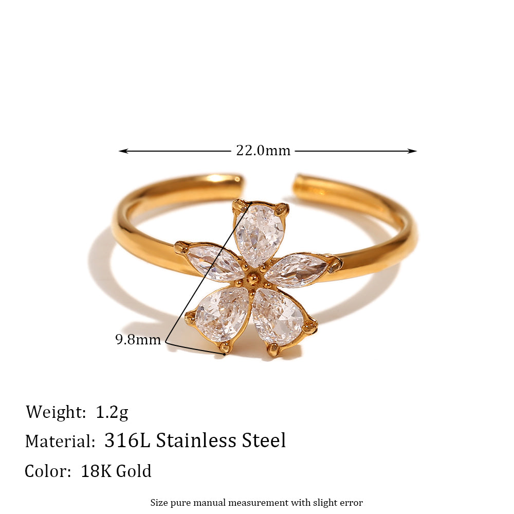 White Zircon Five petal Flower Opening 18k Gold Waterproof Stainless Steel Ring